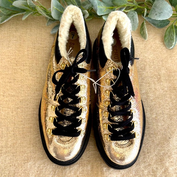 Schutz Lucille Suede and Shearling bootie gold and black women size 7 - Picture 6 of 10